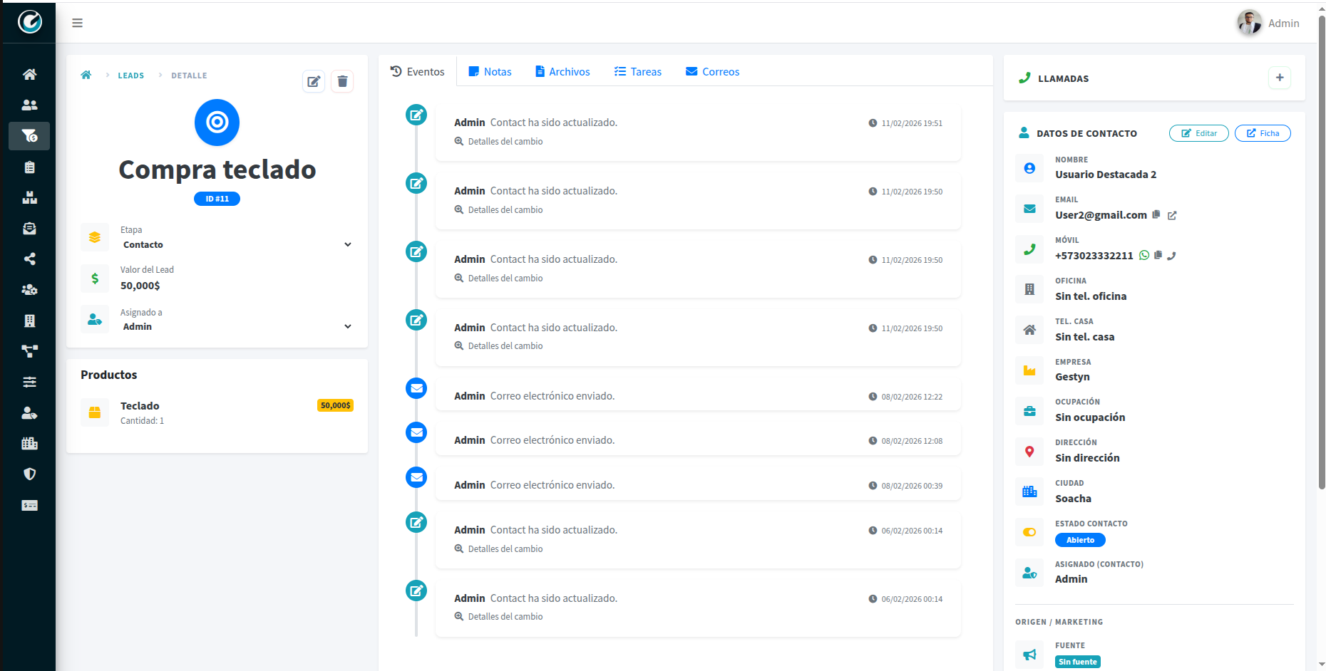 Vista de pipeline de leads en Gestyn organizada por etapas